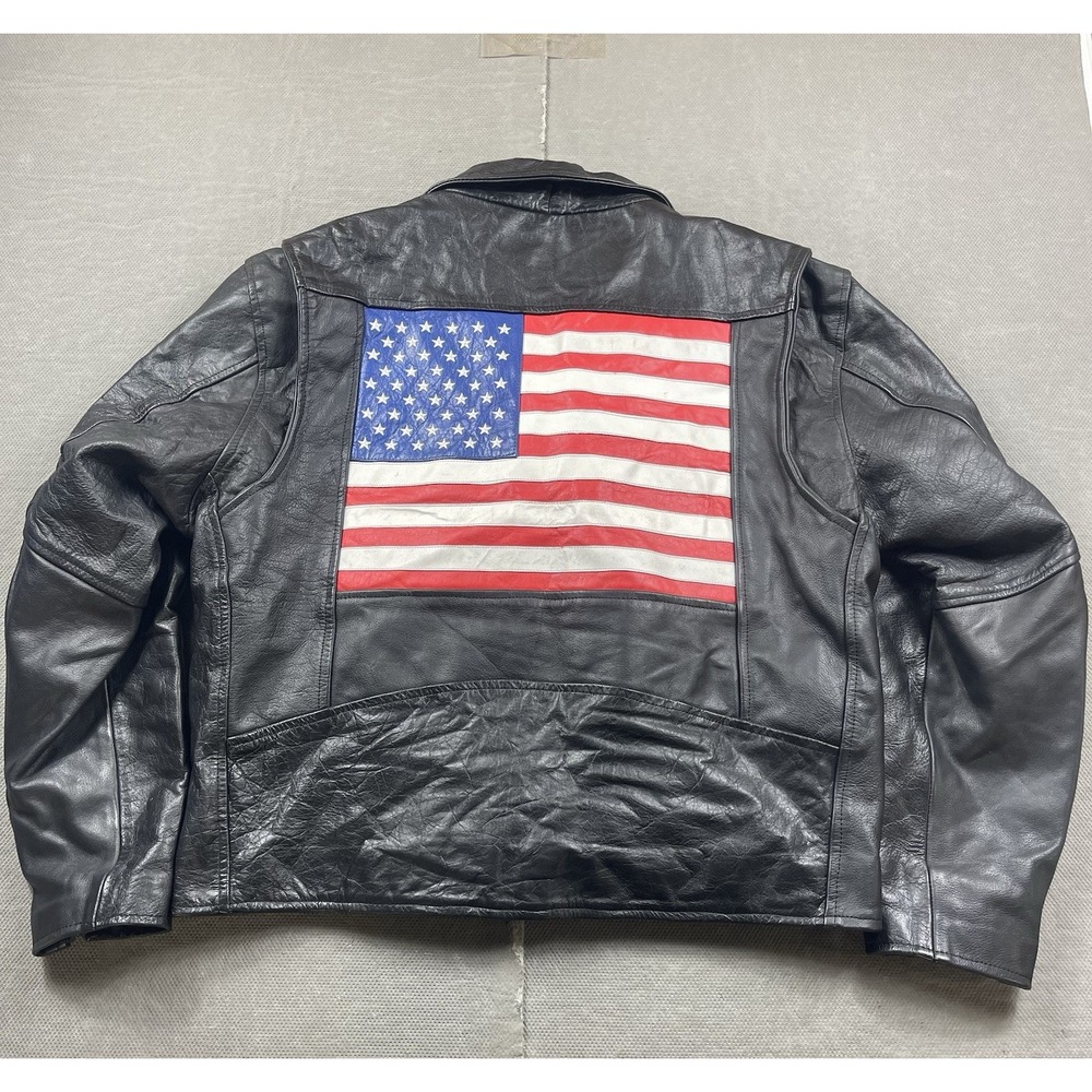 Vintage All State Leather Leather Jacket 54 Biker Motorcycle Black USA Flag Back